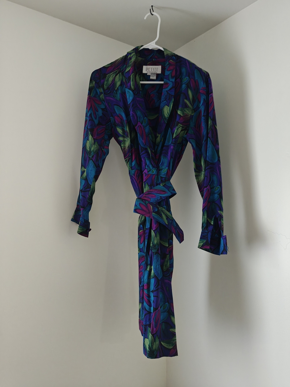 Petite Sophisticate Blue, Teal & Purple Satin Wrap Dress